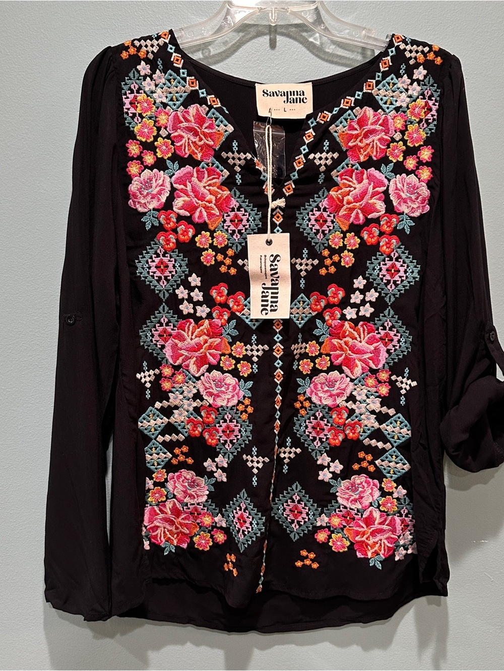 NWT Savanna Jane Black Embroidered Floral Blouse Roll Tab sleeves